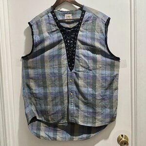 Furst A Kind Plaid Cotton Lace Raw Hem Grunge Preppy Dark Academia Shirt Top XL
